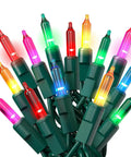 Outdoor Christmas String Lights With Green Wire 100 Count 20 Ft Multicolor Incandescent bulbs glowing with green sockets
