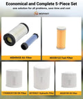 Six Piece Filter Kit For LS Tractor MT125 Includes Oil Filter Fuel Filter Air Filter Hydraulic Filter Hydrostatic Filter And Replacement OE Numbers 11930535150 40358122 40049450 40195621 40220109 displayed in grid format