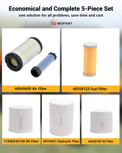 Six Piece Filter Kit For LS Tractor MT125 Includes Oil Filter Fuel Filter Air Filter Hydraulic Filter Hydrostatic Filter And Replacement OE Numbers 11930535150 40358122 40049450 40195621 40220109 displayed in grid format