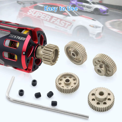 Badass Upgrade For Your Rig With Precision CNC Surface Hardened 64P Aluminum Pinion Gears For 1/10 Scale RC Cars featuring gears and hex tool.