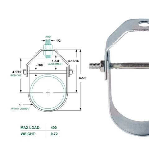 Clevis Hanger Light Duty Pipe Support In Electro Galvanized Steel 3 Inch By 3 Inch Chrome Finish No Fuss Install With Flange And Threaded Rod Adjustable Vertical Position For Overhead Non Insulated Pipe Lines., 3 in pipe, 1/2 in rod