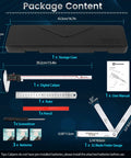 Package content showing Pro Grade 12 Inch Digital Caliper With Large LCD Inch Millimeter Switch, storage case, manual, and accessories.