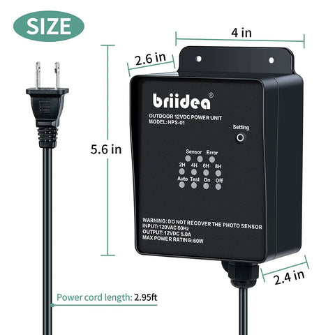 Outdoor Low Voltage Transformer 60W 120V AC to 12V DC for Landscape Lights, front view showing size and settings with cord.