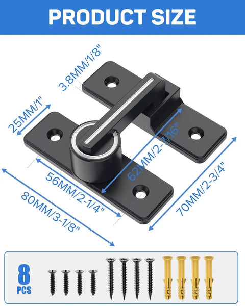Built Tough Heavy Duty Zinc Alloy Gate Latch Lock with screws and measurements displayed in millimeters and inches