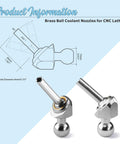 Three Piece Set Of 12mm And 30mm Stainless Steel Coolant Nozzles, Adjustable High Pressure Nozzles For CNC Milling, Lathe, And Water Jet, Pro Grade 304 Stainless, Max 500 Psi, with diagram showing dimensions and adjustable angles.