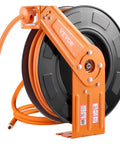Retractable Air Hose Reel With 100 Foot Rubber Hose Three Eighths Inch 300 Psi Max Auto Rewind Five Foot Lead In wall mount