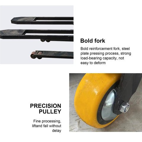 Heavy Duty Electric Pallet Stacker With Rock Solid Hydraulic Rig Designed To Haul 1100 Lb Pallets And Climb Four Feet High without breaking a sweat in crowded shops, highlighting bold steel fork and precision pulley.