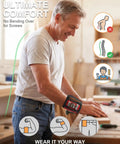 Man wearing a Magnetic Wristband For Men Tools Holder Hands Free Belt Magnet Wrist Band Keeps Screws Nails Small Parts In Reach Perfect Fathers Day Gift For Dad Husband Grandpa Brother DIY Enthusiasts while working.
