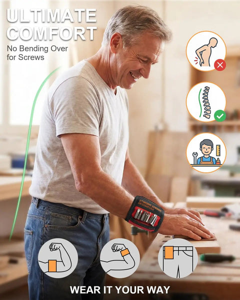 Man wearing a Magnetic Wristband For Men Tools Holder Hands Free Belt Magnet Wrist Band Keeps Screws Nails Small Parts In Reach Perfect Fathers Day Gift For Dad Husband Grandpa Brother DIY Enthusiasts while working.