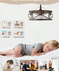 Metnaour 20 Inch Fandelier Caged Ceiling Fan with Lights and Remote, Rustic Farmhouse Bladeless Ceiling Fan, Quiet Reversible 6-Speed Chandelier Fan with Timer for Bedroom Kitchen, Dark Brown in living room setting