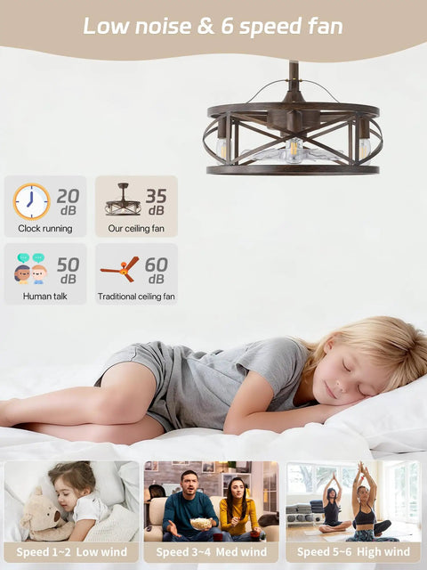 Metnaour 20 Inch Fandelier Caged Ceiling Fan with Lights and Remote, Rustic Farmhouse Bladeless Ceiling Fan, Quiet Reversible 6-Speed Chandelier Fan with Timer for Bedroom Kitchen, Dark Brown in living room setting