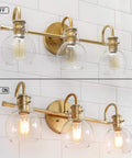Gold 3 Light Vanity Light Fixture Over Mirror with Globe Clear Glass Shades for Bathroom Bedroom Kitchen Powder Room Sleek Chic Modern Minimalist Vanity Lighting, showing both on and off states against a tiled wall.