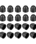 20 Pack Black Plastic M8 Hex Nut Caps, Dome Acorn Bolt Covers arranged in rows, weatherproof and durable for heavy duty rigging.