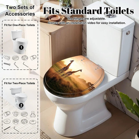 Generic Round Resin Toilet Seat for Bathroom on standard toilet with adjustable hinges and giraffe design.