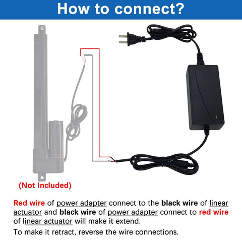 JQDML AC/DC power adapter and gray 12V linear actuator; two components shown with wiring diagram.