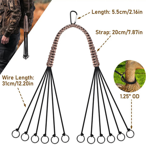 Waterfowl Tote With 12 Drops Slip Ring And Paracord, heavy duty metal loop for goose and duck, shown with measuring details