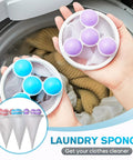 Hands holding Floating Hair Filter Mesh For Washing Machine No More Hair Clogs Lint Catcher with purple and blue mesh balls.