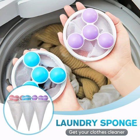 Hands holding Floating Hair Filter Mesh For Washing Machine No More Hair Clogs Lint Catcher with purple and blue mesh balls.