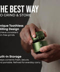 Person using Toothless Herb And Spice Grinder With Extra Storage For Everyday Kitchen Bosses Aircraft Grade Aluminum Manual Grinder