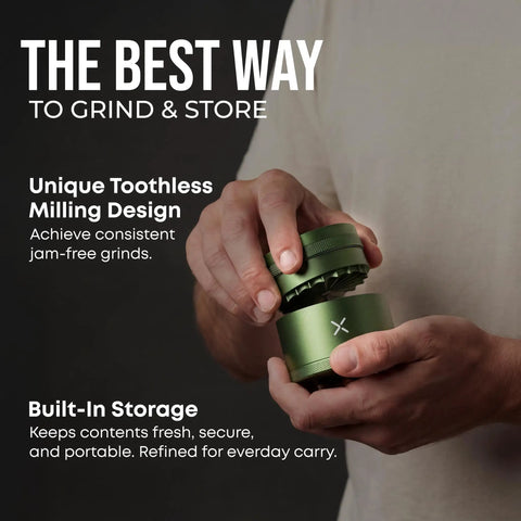 Person using Toothless Herb And Spice Grinder With Extra Storage For Everyday Kitchen Bosses Aircraft Grade Aluminum Manual Grinder