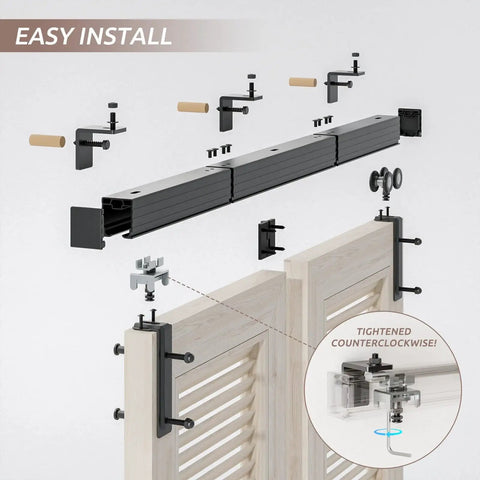 Box Rail Bi Fold Sliding Barn Door Hardware Kit For Two Doors Built To Last With Heavy Duty Aluminum Track Wall Mount Fit 39.6 Inches Opening And 30 To 45 Millimeters Door Thickness No Doors Included, shown in installation configuration with components and doors.