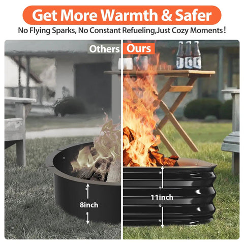Comparison of 48 Inch Beast Heavy Duty Square Fire Pit Ring, 11 inch deep, showcasing outdoor use with flames and picnic setting.