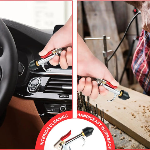 Person using Three Piece One Eighth Inch Rubber Tip Set For Air Blow Gun With Brass Fittings for cleaning car interior and workshop