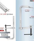 Side view of 8-inch light duty F clamp with 4.7-inch throat depth, up to 580 lbs clamping force, shown with rail specifications.
