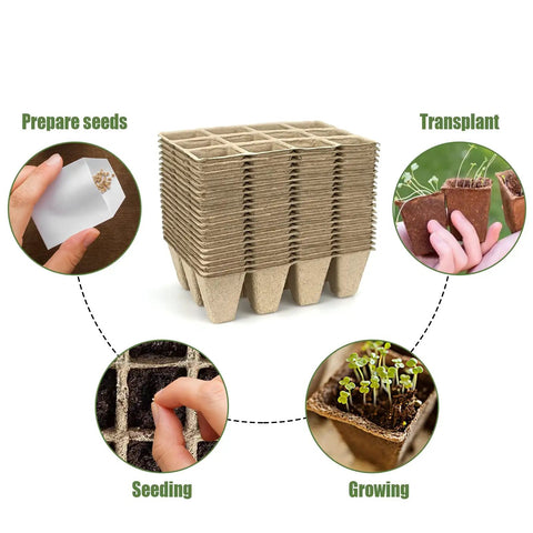 Biodegradable Peat Pots Seed Starter Tray Kit With 240 Cells And 20 Plant Labels For Indoor Outdoor Gardening, shown in use.