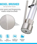 Close-up of nickel-brushed finish on a kitchen faucet, highlighting fingerprint resistance details.
