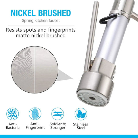 Close-up of nickel-brushed finish on a kitchen faucet, highlighting fingerprint resistance details.