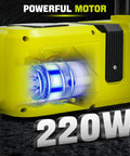 Close-up of yellow cordless 5-ton hydraulic floor jack with 220W motor, highlighting powerful motor feature, on textured background.