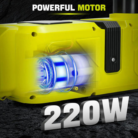 Close-up of yellow cordless 5-ton hydraulic floor jack with 220W motor, highlighting powerful motor feature, on textured background.