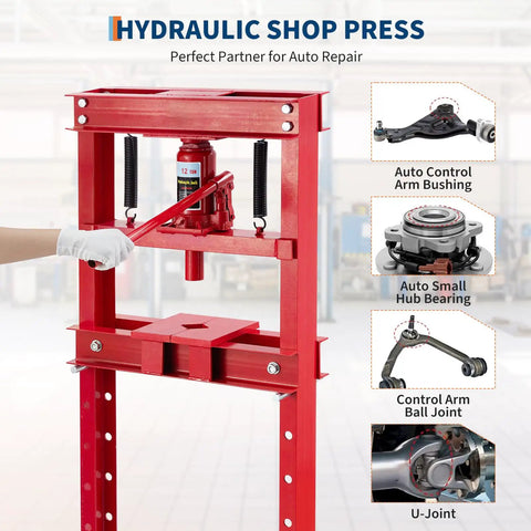 Built Tough As Nails 12 Ton Floor Shop Press Featuring Straight Shot Hydraulic H Design with movable plates for auto repair.