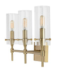Brass Gold Modern Farmhouse LED Vanity Light Sconce With Clear Glass Cylinder Shade for Bathroom Hallway or Entryway