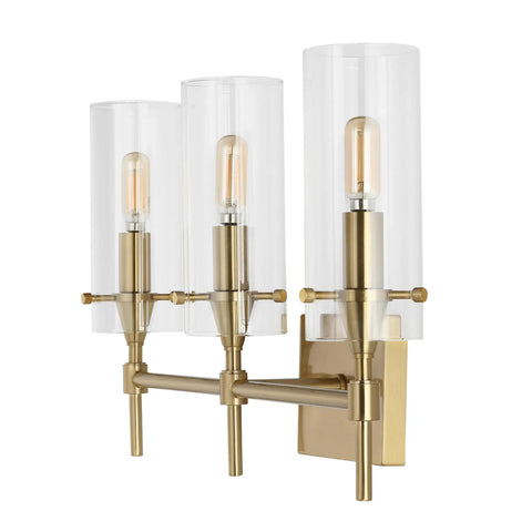 Brass Gold Modern Farmhouse LED Vanity Light Sconce With Clear Glass Cylinder Shade for Bathroom Hallway or Entryway