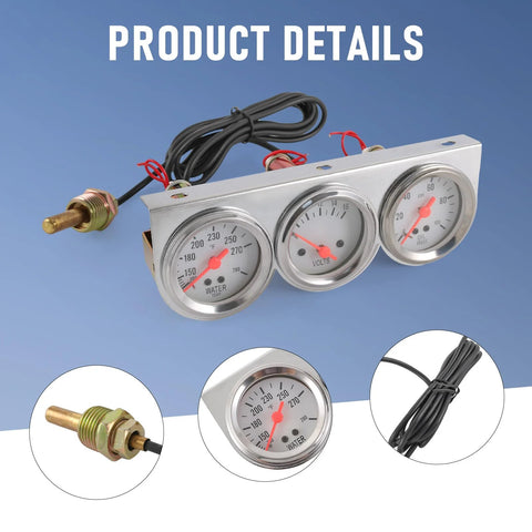 triple gauge car dash kit with oil pressure, water temp, voltmeter for GM Ford Mopar vehicles; easy install, white face dials