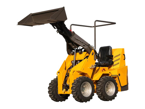 Thunder VI 23.5HP EPA Gas Engine Wheel Loader with raised bucket, compact design for construction and farming use
