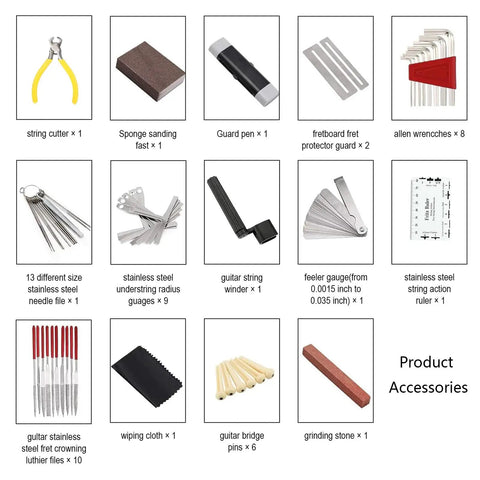 Pro Grade Guitar Tool Kit For Setup And Repair, Deluxe Luthier Tools Bundle with string cutter, radius gauges, wrenches