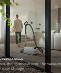 Premium Bagged Canister Vacuum For Hard Floors And Thin Carpet Featuring XL Parquet Brush Universal Floorhead Footswitch Hygienic Air Filter For Badass Suction And Slick Cleanup with floorhead hooked for storage.