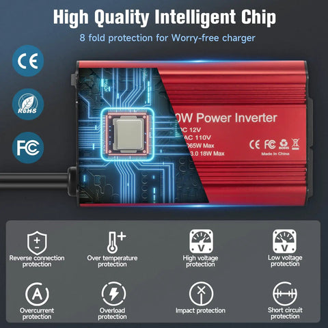 Ride Ready 12V DC To 110V AC Car Power Inverter 400W with intelligent chip and protection icons showcasing safety features.