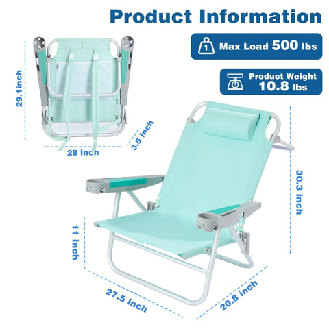 Extra Wide Beach Chair With 5 Position Lay Flat Recline Built Tough For Adults, Heavy Duty 500 Lb Capacity, dimensions displayed