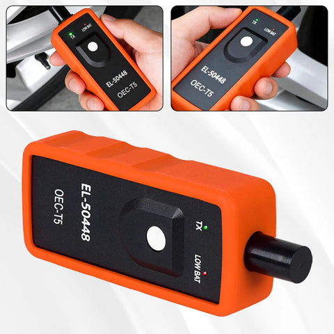 TPMS Relearn Tool For Cars And Trucks, Tire Pressure Monitor Sensor Activation And Reset Programmer For Chevrolet Cadillac Buick And Most Models 2006 To 2024, Easy Plug In Orange in hand