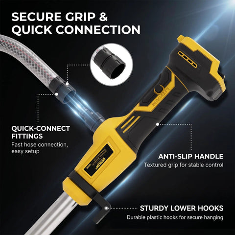 Compact Cordless Stick Water Transfer Pump For Outdoor Tank Draining And Emergency Fluid Removal with anti-slip handle and quick-connect fittings.