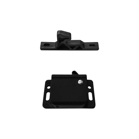 Close-up of black RV latches from a 4 Pack RV Cabinet Door Latches And Catches Easy Install Push Latch For Cabinets In Trailers And Motorhomes