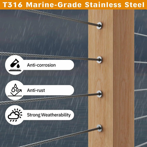 Beefy Stainless Steel Cable Railing Sleeves for Wood Posts in rain, T316 marine-grade protection, anti-corrosion features visible.