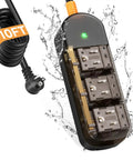 All Weather Outdoor Power Strip With 10 Foot Extension Cord, Waterproof Surge Protector With 3 AC Outlets, 1625W Overload Protection, Built Tough For Camping, Home, Office And Garden, IPX6 Rated, UL Listed, 10ft cord coiled beside 3-outlet waterproof strip