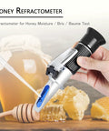 Handheld Honey Refractometer With Tri-Scale Baume 38 To 43 Degrees, Brix 58 To 92 Percent, And Water 12 To 27 Percent For Quick Sweetness Checks On Honey, Jelly, Jam, And Syrup - Pro Grade Sugar Content Meter For Foods And Beverages.