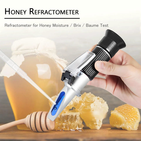 Handheld Honey Refractometer With Tri-Scale Baume 38 To 43 Degrees, Brix 58 To 92 Percent, And Water 12 To 27 Percent For Quick Sweetness Checks On Honey, Jelly, Jam, And Syrup - Pro Grade Sugar Content Meter For Foods And Beverages.
