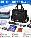 Carry On Duffel Bag For Air Travel And Personal Item with items for a 3-day trip, including clothes, tablet, camera, and accessories